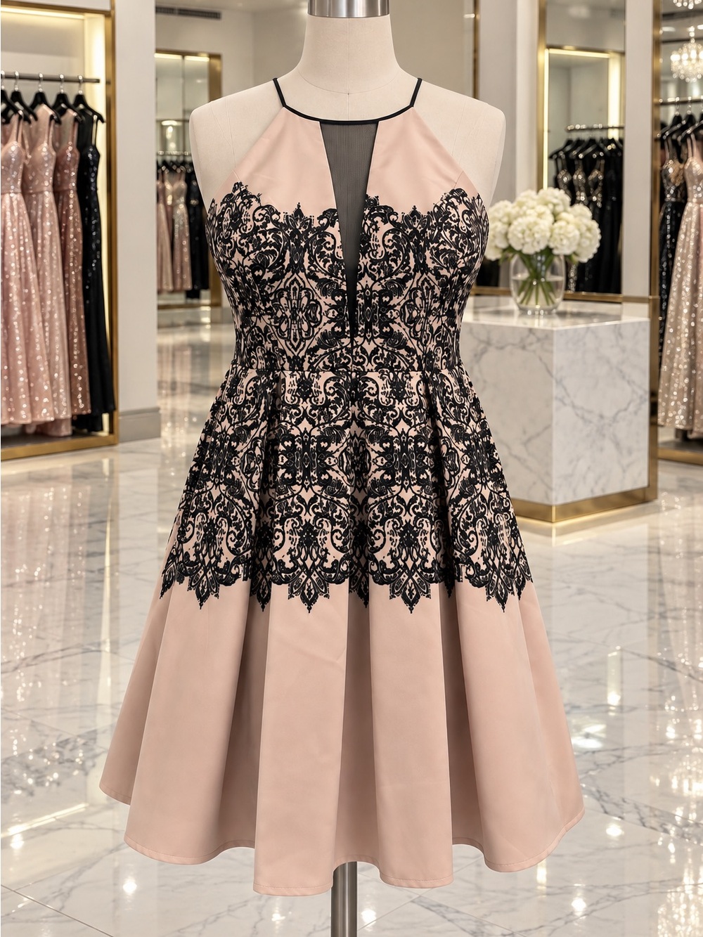 Teeze Me Blush Pink Mini Dress with Black Lace Bodice